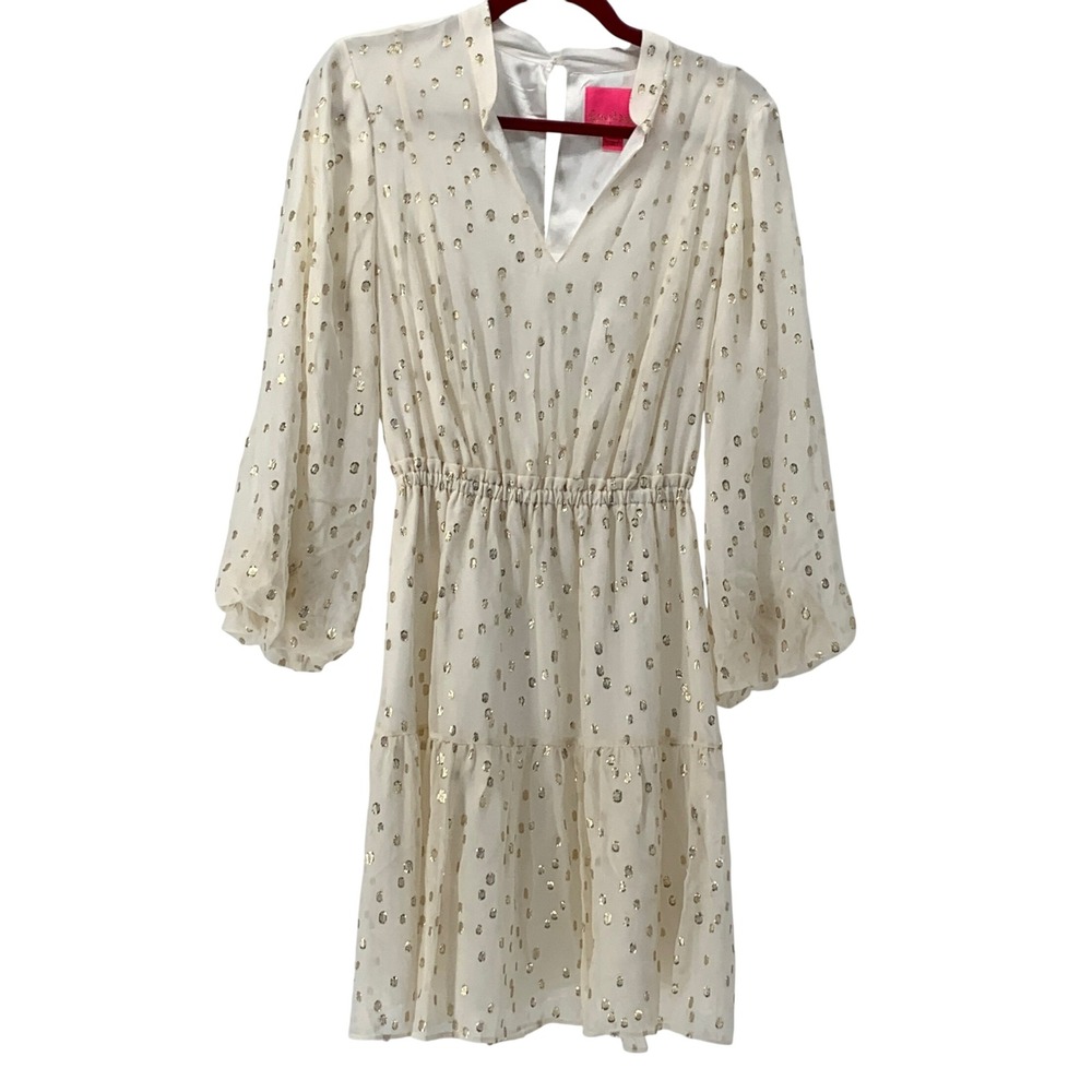 Lilly Pulitzer size 2 Gold Metallic Dot Silk Dress White Blouson Sleeves